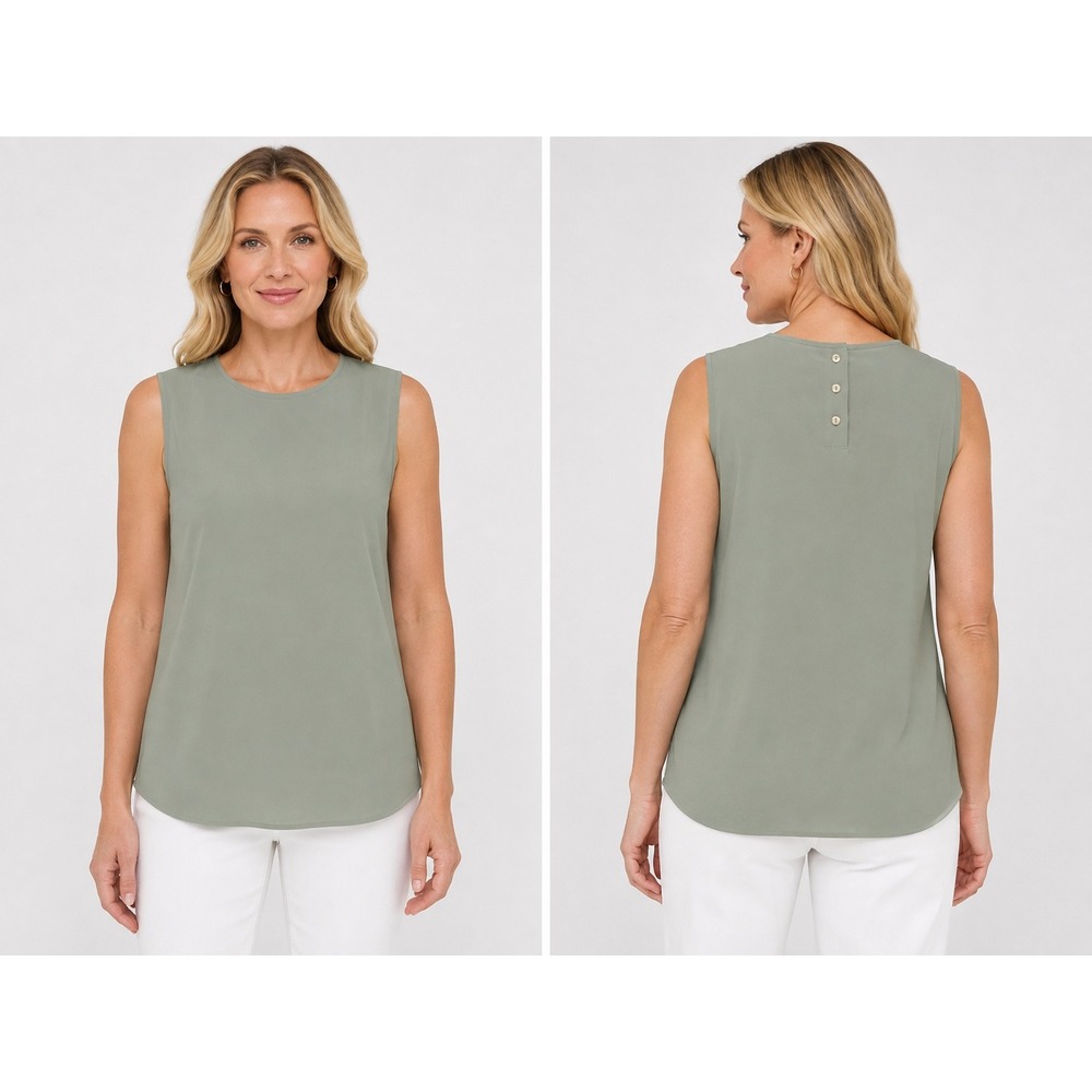 Talbots Shell Top Womens 10 Sage Green 100% Silk Sleeveless Button Back Blouse